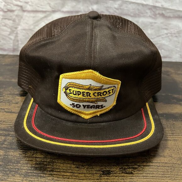 Vtg Super Crost Seeds Corn K Brand Patch Snapback Trucker Cap Brown 50 Years - Picture 1 of 5